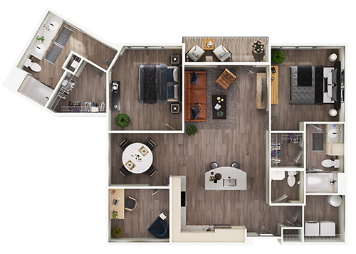 Floor plan for 2 beds, 2.5 baths, 1351 sqft